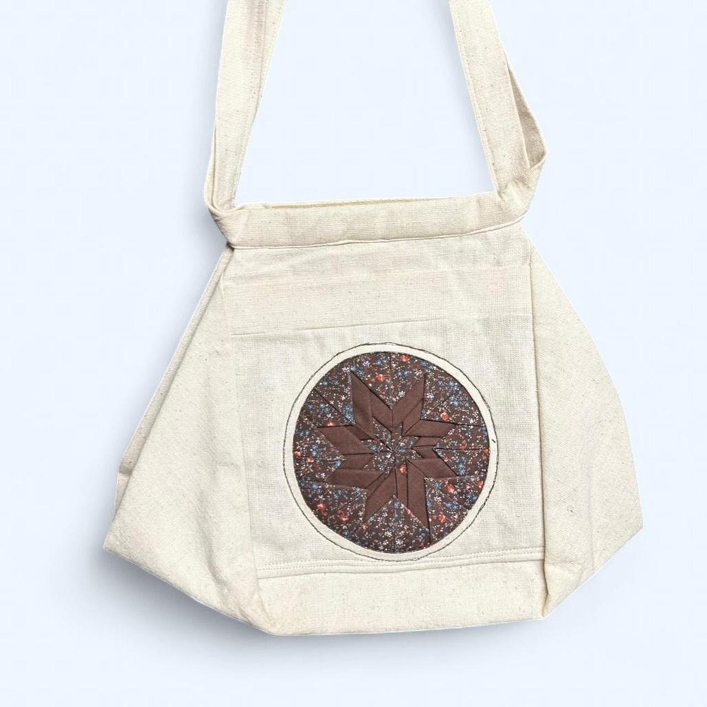 Vintage Handmade Patchwork Quilted Tote Bag Cream Brown Floral Cottagecore Fairy